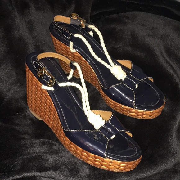 Tory Burch Shoes - Tory Burch navy patent leather wedges Sandals